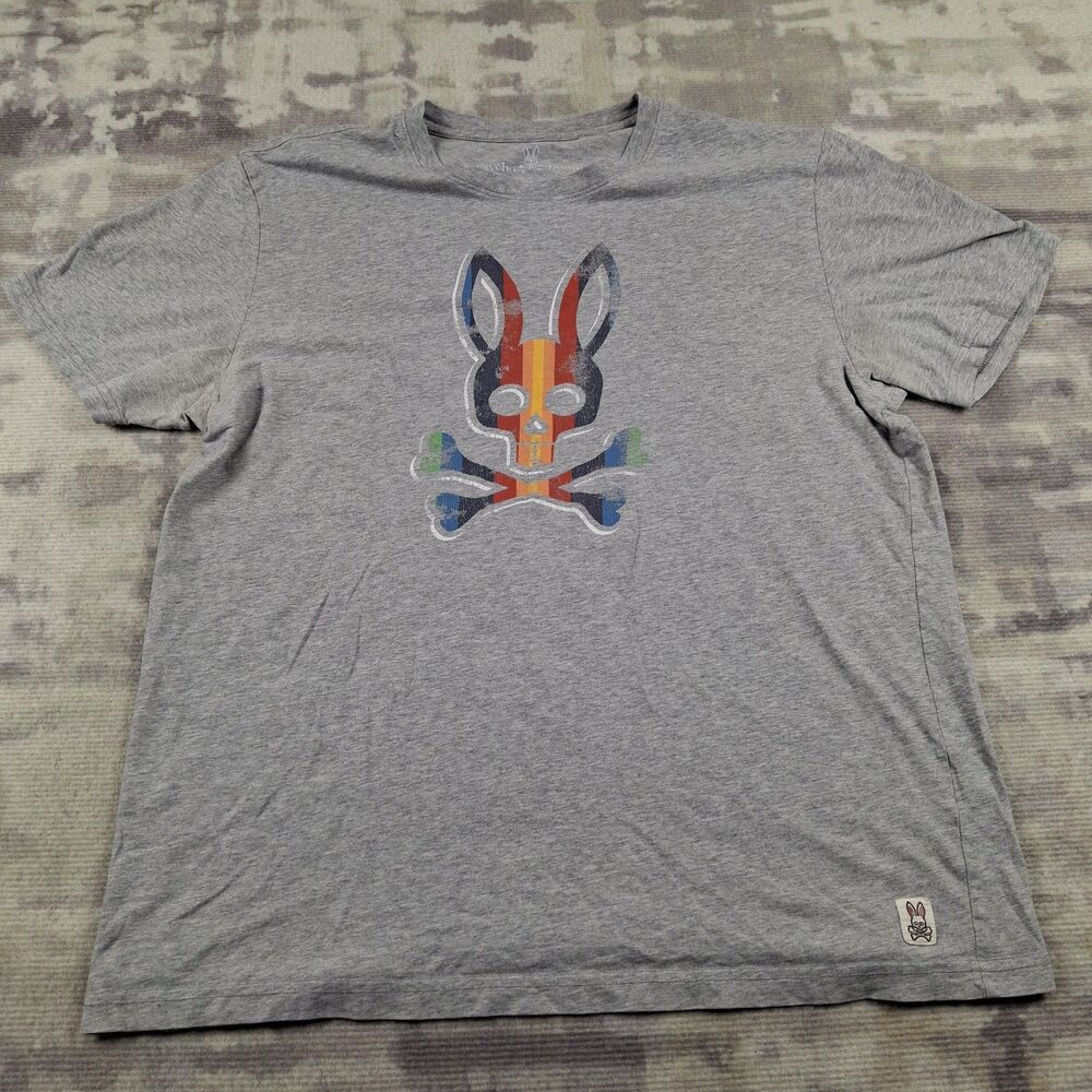 Psycho Bunny Shirt Mens 7 XXL 2XL Gray Striped Multi Color Big Logo Graphic Tee